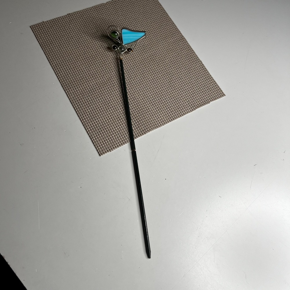 Stained Glass Butterfly Garden Stake Blue Slag Glass Plant Topper Whimsical 15"